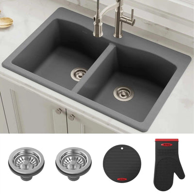 Forteza 33 Dual Mount 50/50 Double Bowl Granite Kitchen Sink in Grey - AMP’ss