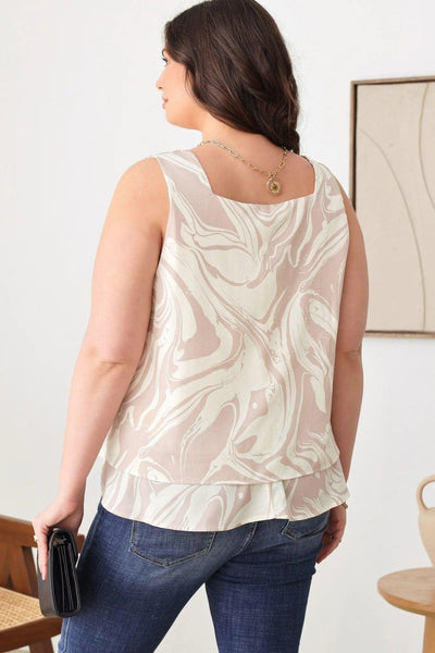 Plus Size Abstract Sleeveless Ruffle Hem Square Neck-Line Tops AMP’ss